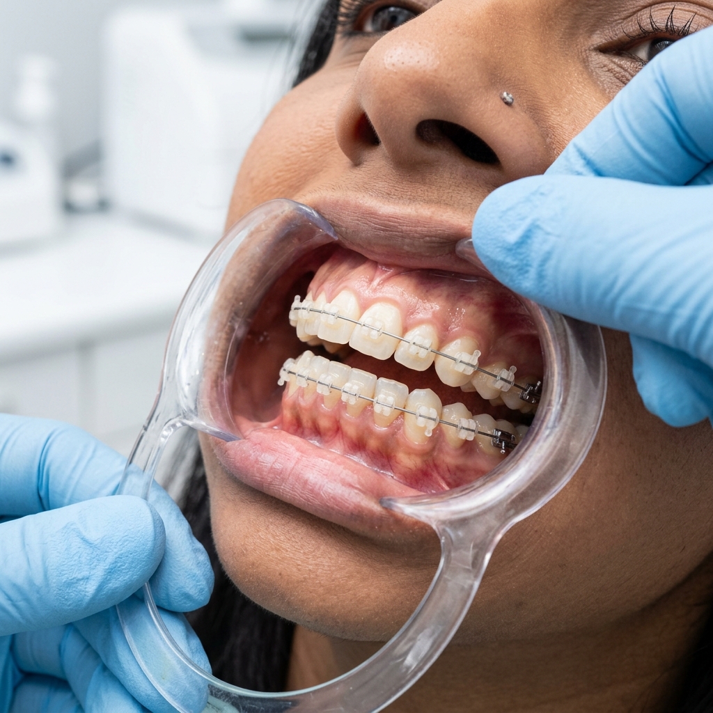 Patient mouth with braces and retractor